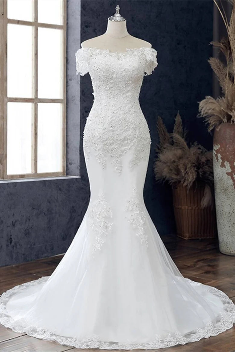 Robe de mariée trompette à épaules dénudées en dentelle florale